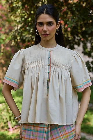 White Handwoven Cotton Blouse by Surmaye