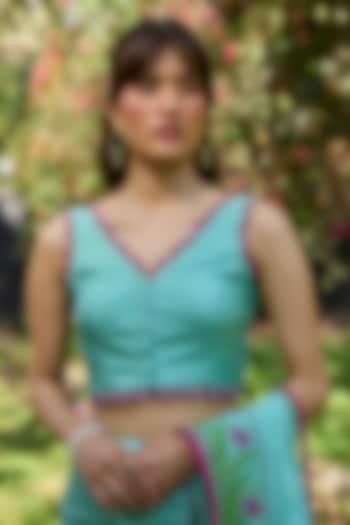 Blue Handwoven Organza Mulberry Silk Lace Embroidered Blouse by Surmaye at Pernia's Pop Up Shop