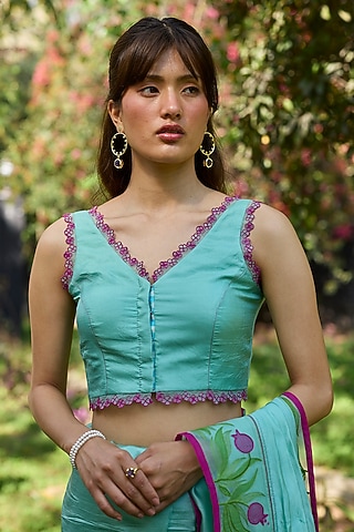 Blue Handwoven Organza Mulberry Silk Lace Embroidered Blouse by Surmaye