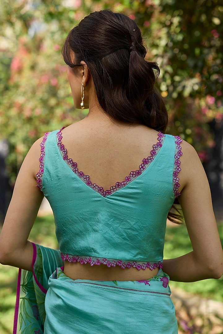 Blue Handwoven Organza Mulberry Silk Lace Embroidered Blouse by Surmaye at Pernia's Pop Up Shop