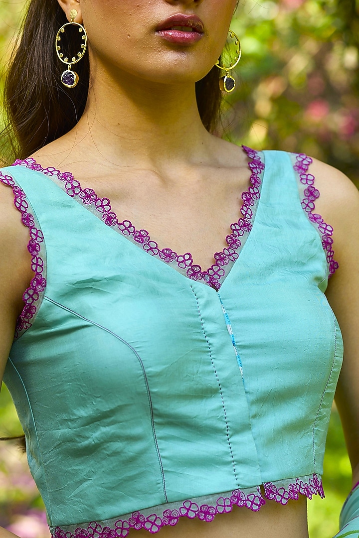 Blue Handwoven Organza Mulberry Silk Lace Embroidered Blouse by Surmaye at Pernia's Pop Up Shop