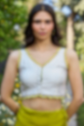 Ivory Handwoven Organza Mulberry Silk Lace Embroidered Blouse by Surmaye at Pernia's Pop Up Shop