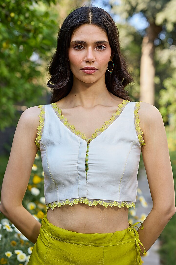 Ivory Handwoven Organza Mulberry Silk Lace Embroidered Blouse by Surmaye at Pernia's Pop Up Shop