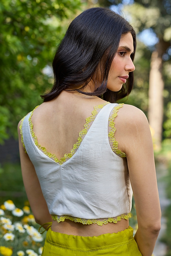 Ivory Handwoven Organza Mulberry Silk Lace Embroidered Blouse by Surmaye at Pernia's Pop Up Shop