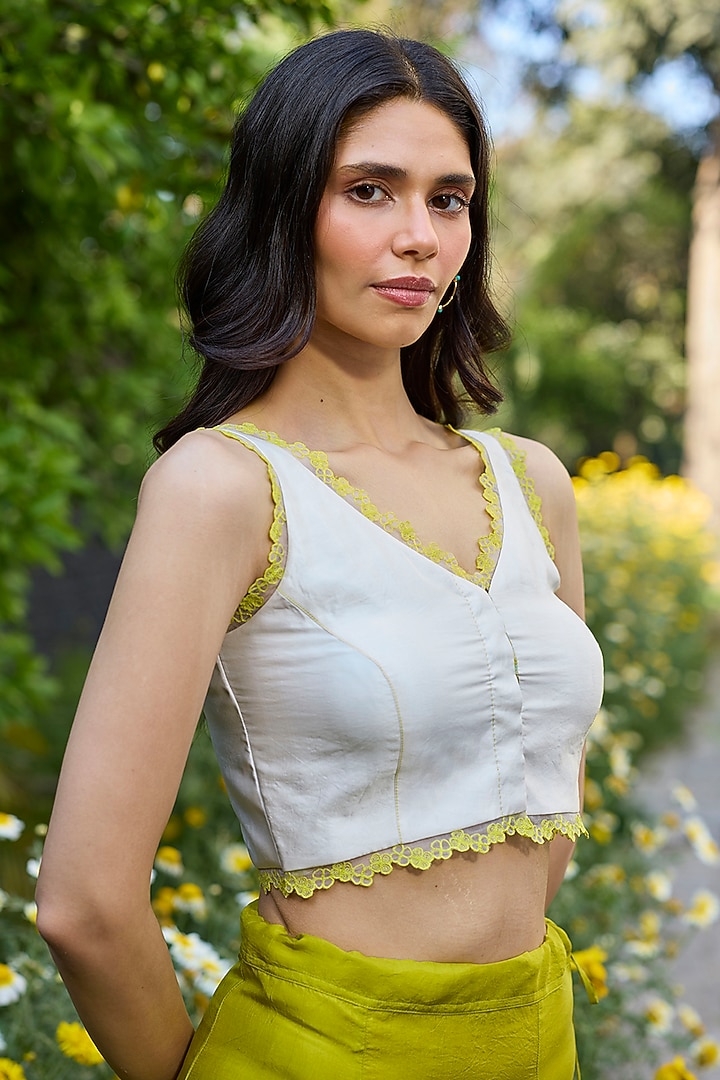 Ivory Handwoven Organza Mulberry Silk Lace Embroidered Blouse by Surmaye at Pernia's Pop Up Shop