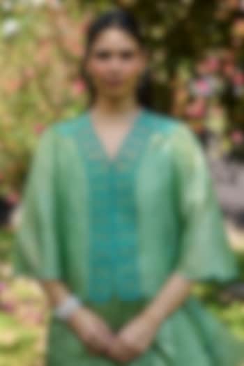 Jade Green Handwoven Organza Mulberry Silk Lace Embroidered Blouse by Surmaye at Pernia's Pop Up Shop
