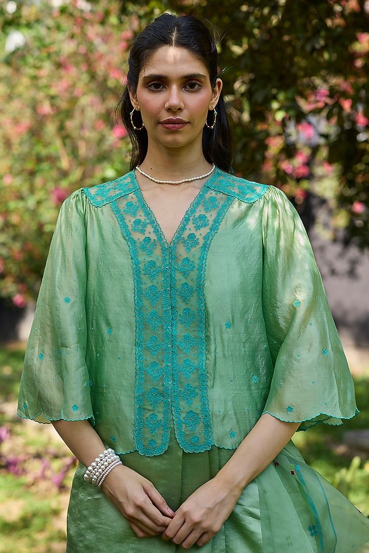 Jade Green Handwoven Organza Mulberry Silk Lace Embroidered Blouse by Surmaye at Pernia's Pop Up Shop