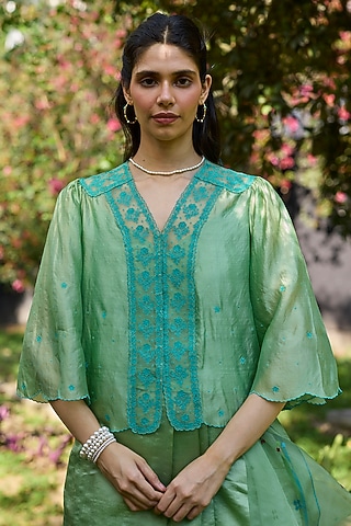 Jade Green Handwoven Organza Mulberry Silk Lace Embroidered Blouse by Surmaye
