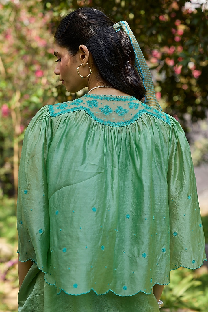 Jade Green Handwoven Organza Mulberry Silk Lace Embroidered Blouse by Surmaye at Pernia's Pop Up Shop