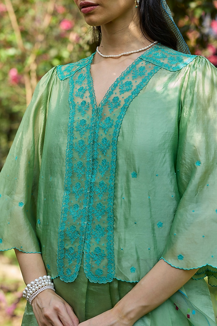 Jade Green Handwoven Organza Mulberry Silk Lace Embroidered Blouse by Surmaye at Pernia's Pop Up Shop