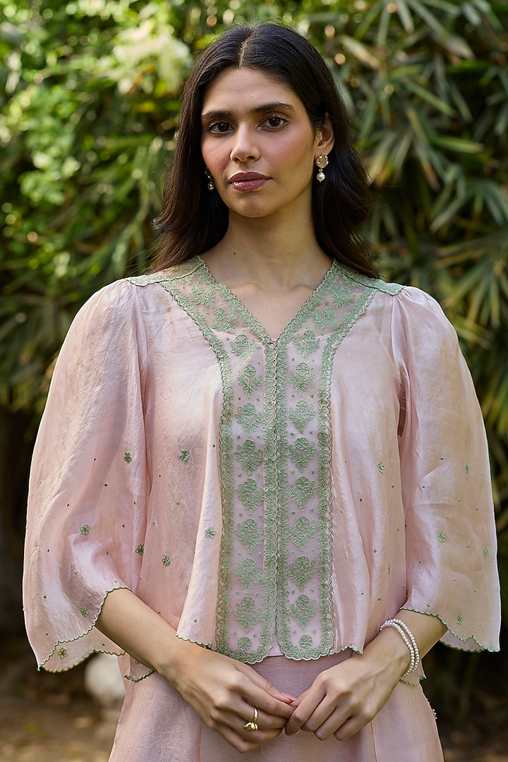 Pink Handwoven Organza Mulberry Silk Lace Embroidered Blouse by Surmaye at Pernia's Pop Up Shop