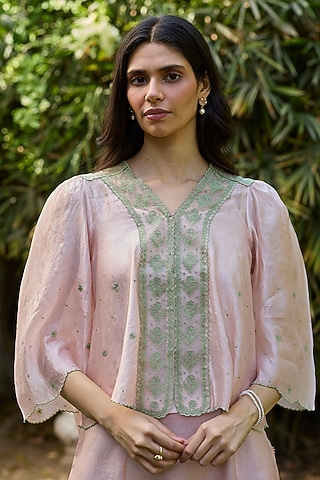 Pink Handwoven Organza Mulberry Silk Lace Embroidered Blouse by Surmaye