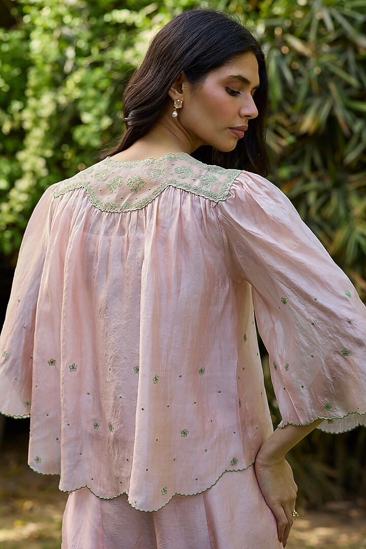 Pink Handwoven Organza Mulberry Silk Lace Embroidered Blouse by Surmaye at Pernia's Pop Up Shop