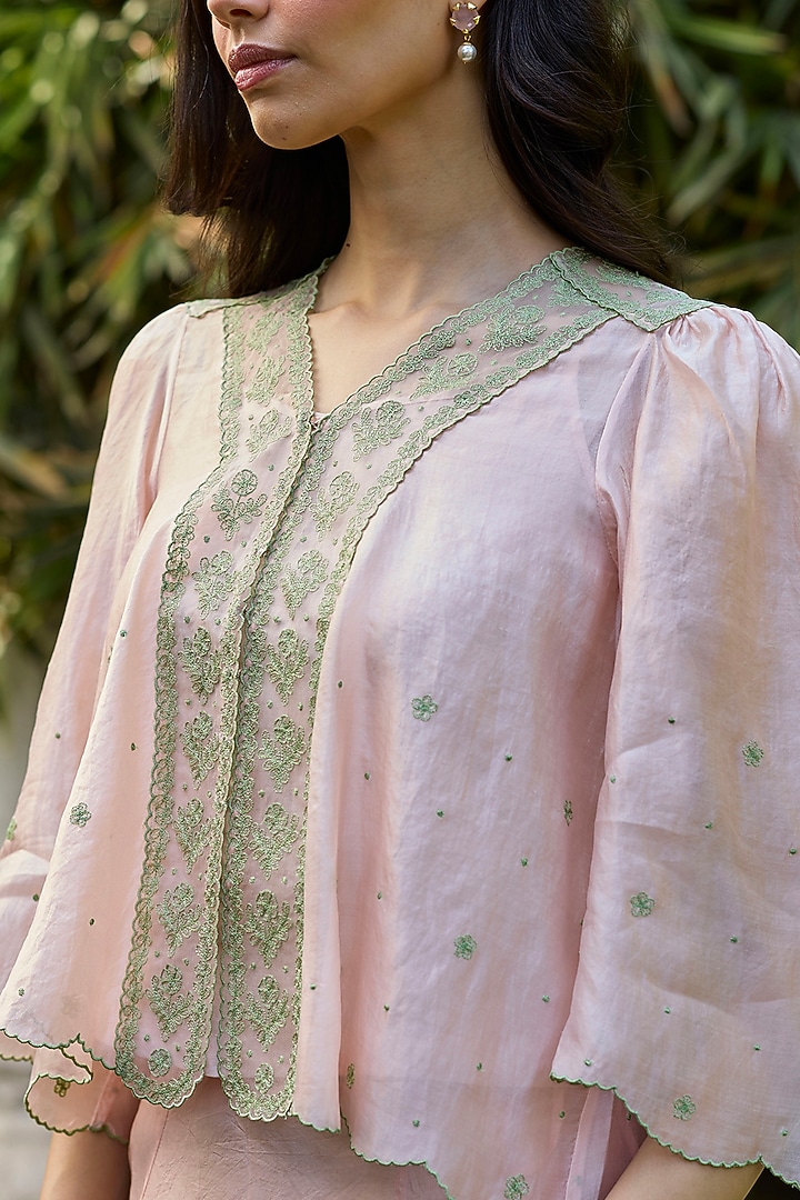 Pink Handwoven Organza Mulberry Silk Lace Embroidered Blouse by Surmaye at Pernia's Pop Up Shop