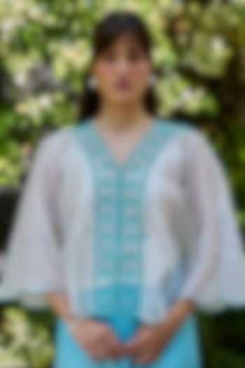 Ivory Handwoven Organza Mulberry Silk Lace Embroidered Blouse by Surmaye at Pernia's Pop Up Shop