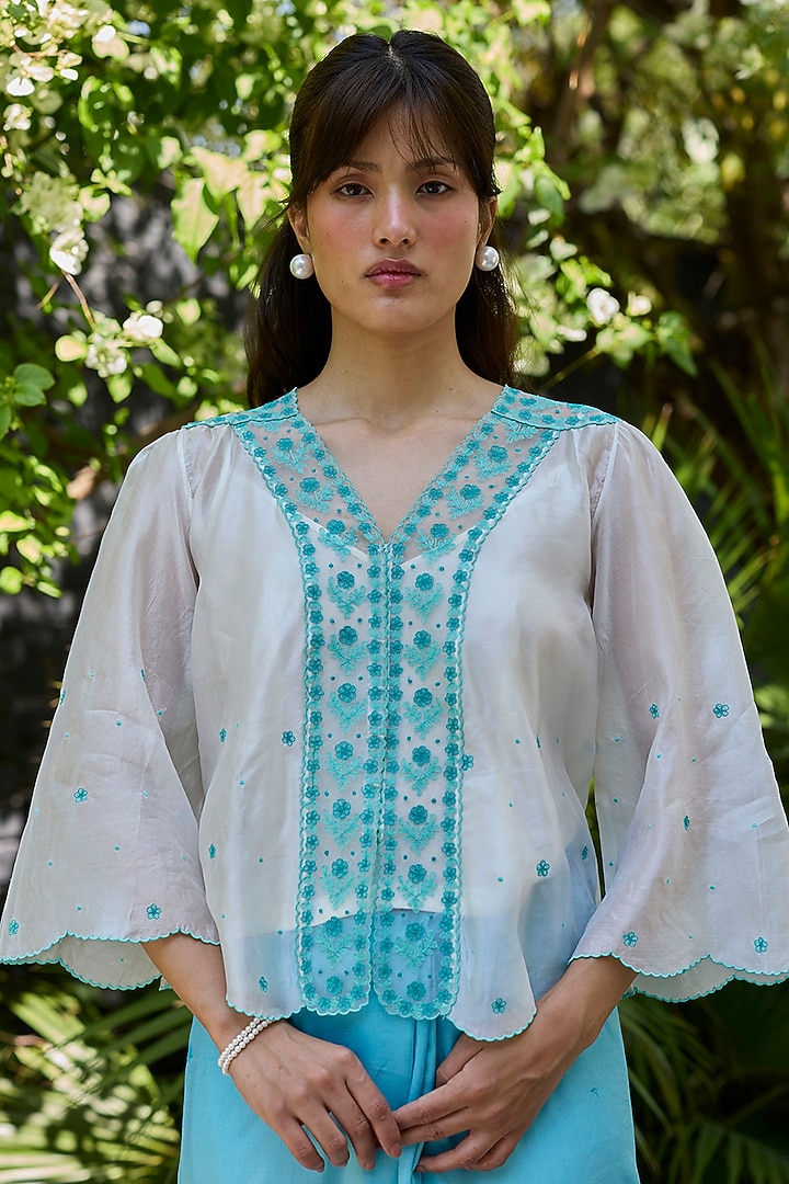 Ivory Handwoven Organza Mulberry Silk Lace Embroidered Blouse by Surmaye at Pernia's Pop Up Shop