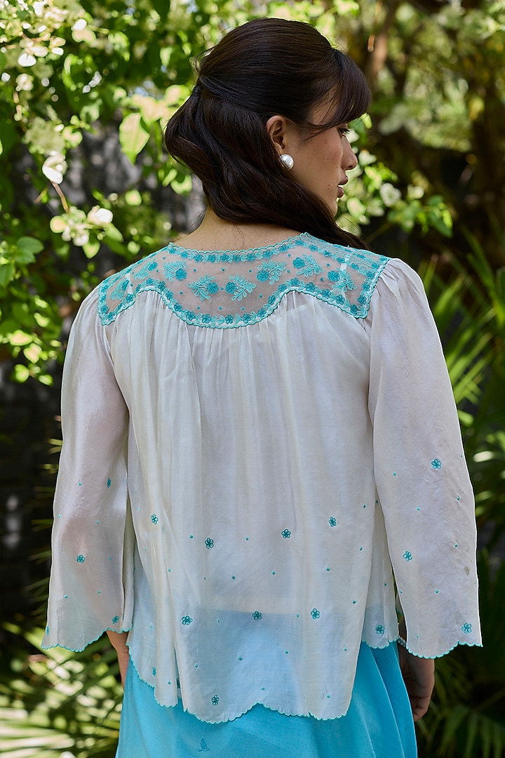 Ivory Handwoven Organza Mulberry Silk Lace Embroidered Blouse by Surmaye at Pernia's Pop Up Shop