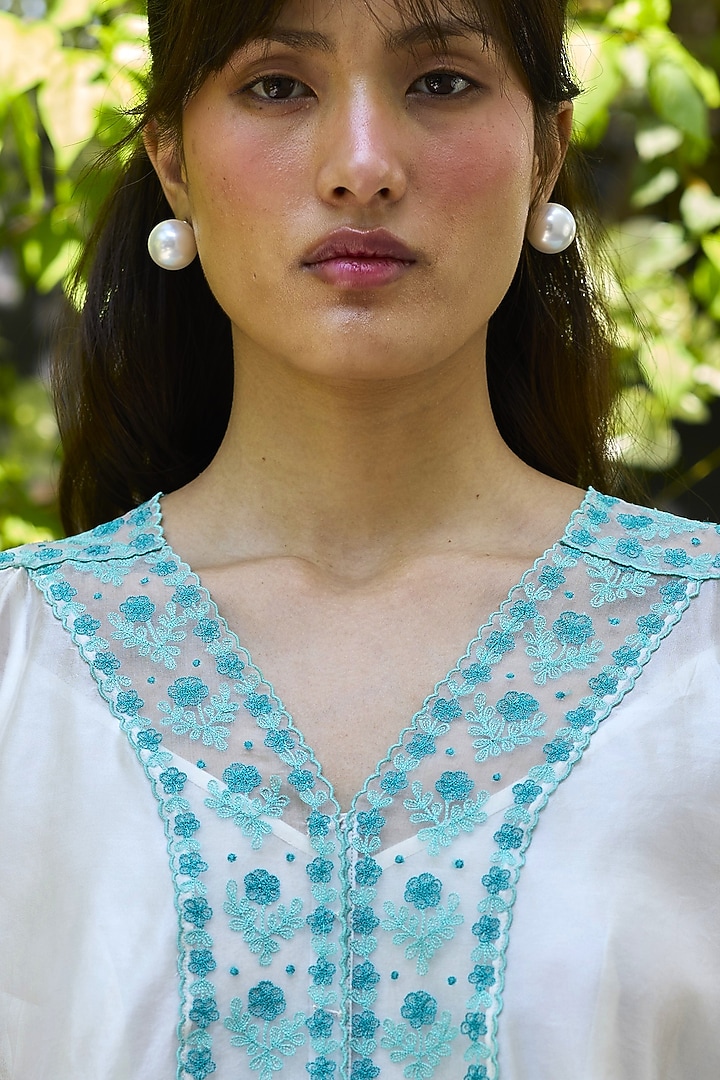 Ivory Handwoven Organza Mulberry Silk Lace Embroidered Blouse by Surmaye at Pernia's Pop Up Shop