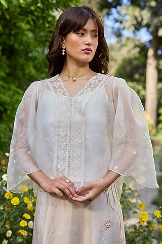 Ivory Handwoven Silk Organza Lace Embroidered Blouse by Surmaye