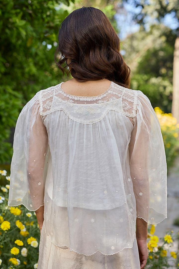 Ivory Handwoven Silk Organza Lace Embroidered Blouse by Surmaye at Pernia's Pop Up Shop