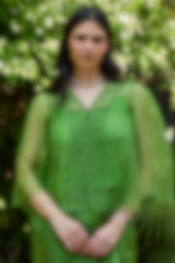 Leaf Green Handwoven Silk Organza Lace Embroidered Blouse by Surmaye at Pernia's Pop Up Shop