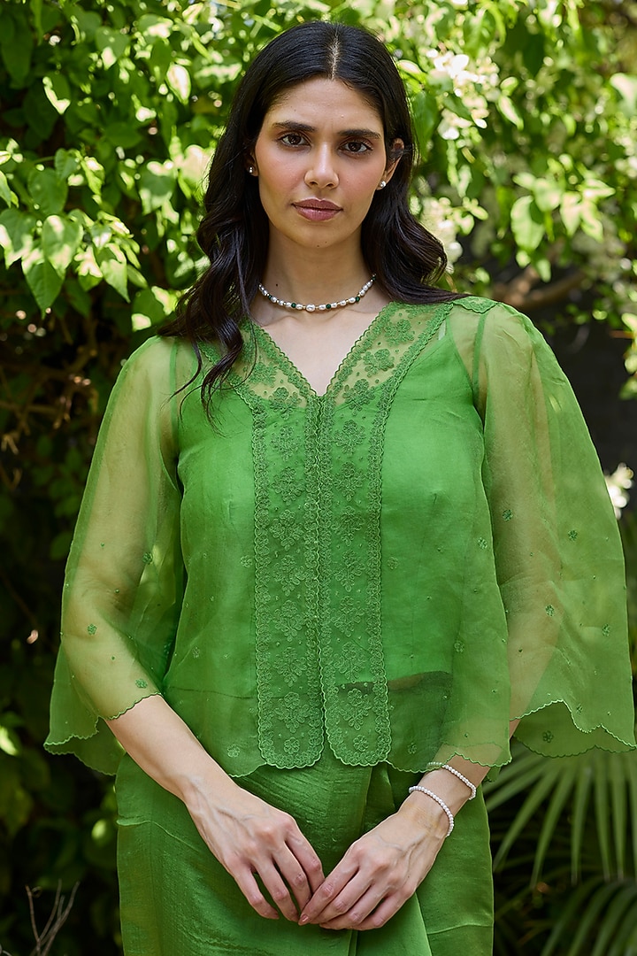 Leaf Green Handwoven Silk Organza Lace Embroidered Blouse by Surmaye at Pernia's Pop Up Shop