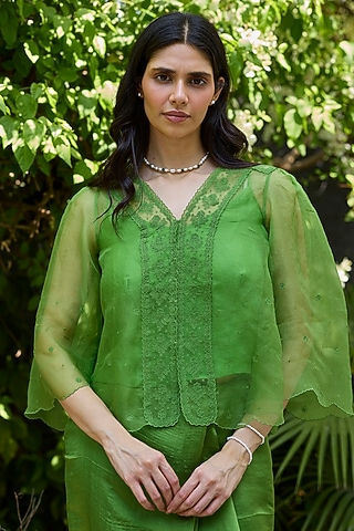 Leaf Green Handwoven Silk Organza Lace Embroidered Blouse by Surmaye