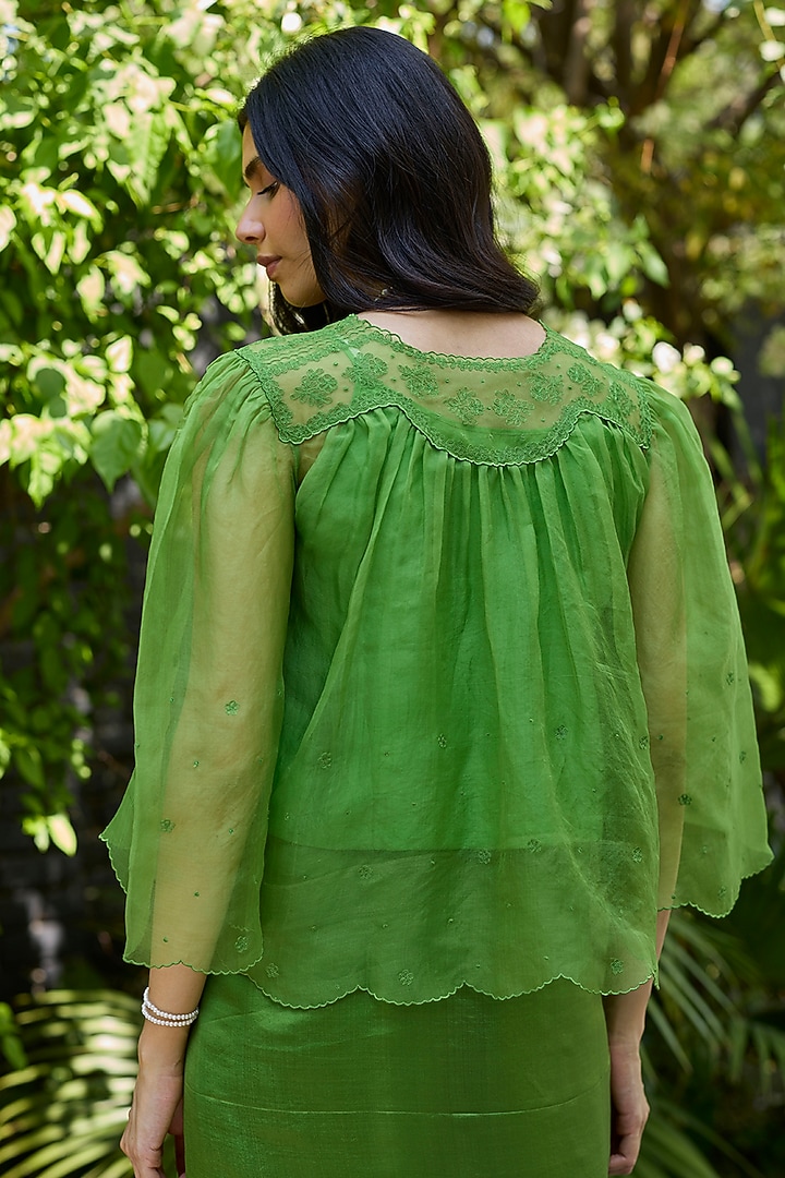 Leaf Green Handwoven Silk Organza Lace Embroidered Blouse by Surmaye at Pernia's Pop Up Shop