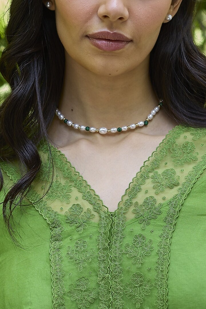 Leaf Green Handwoven Silk Organza Lace Embroidered Blouse by Surmaye at Pernia's Pop Up Shop