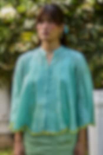 Blue Handwoven Organza Mulberry Silk Embroidered Blouse by Surmaye at Pernia's Pop Up Shop