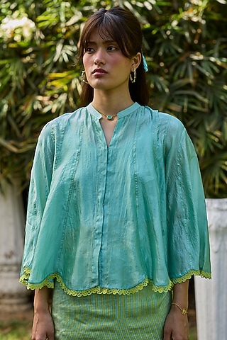 Blue Handwoven Organza Mulberry Silk Embroidered Blouse by Surmaye