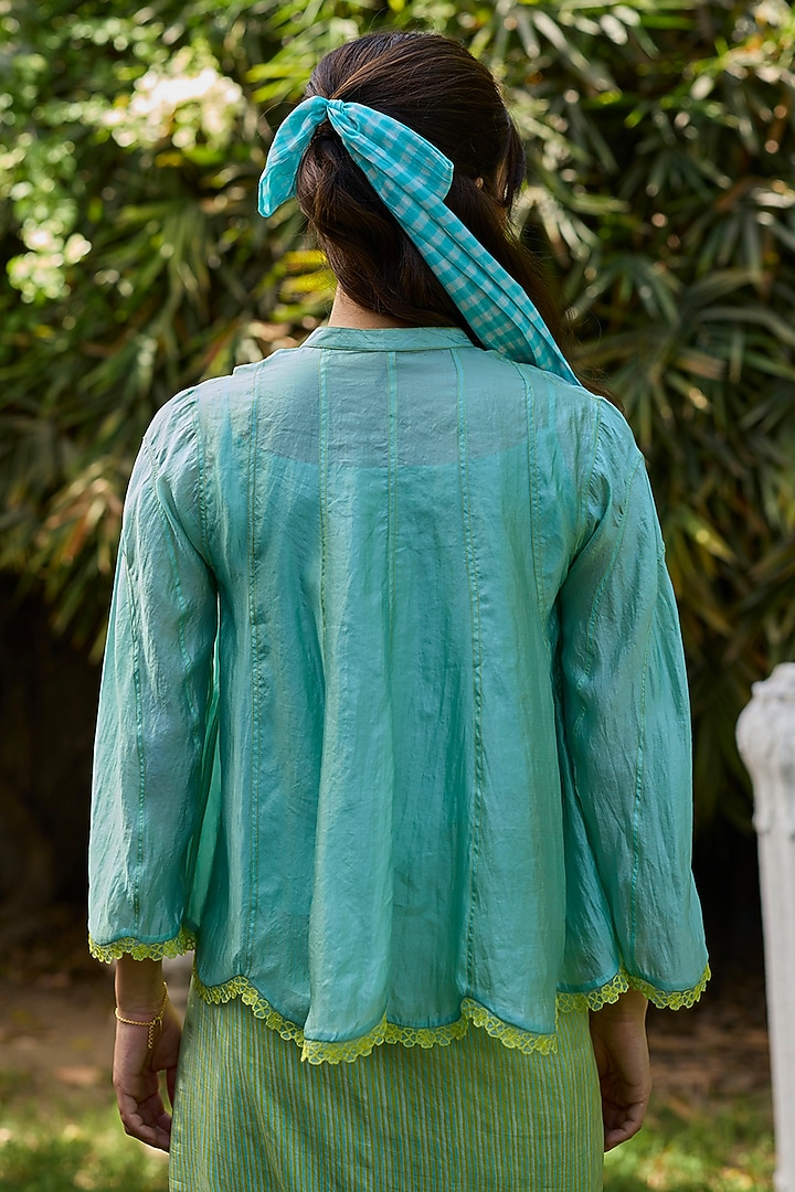 Blue Handwoven Organza Mulberry Silk Embroidered Blouse by Surmaye at Pernia's Pop Up Shop