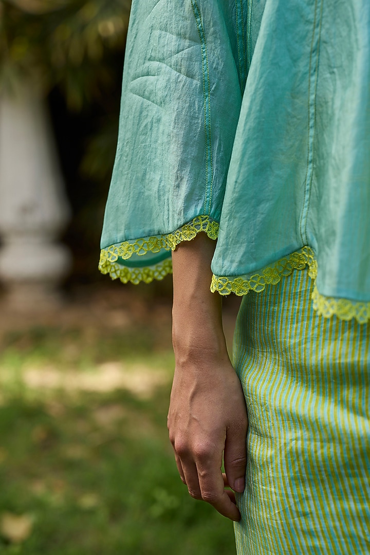 Blue Handwoven Organza Mulberry Silk Embroidered Blouse by Surmaye at Pernia's Pop Up Shop