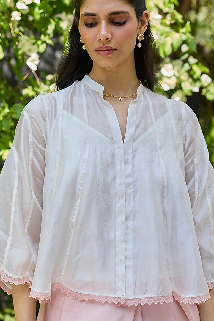 Ivory Handwoven Organza Mulberry Silk Embroidered Blouse by Surmaye at Pernia's Pop Up Shop