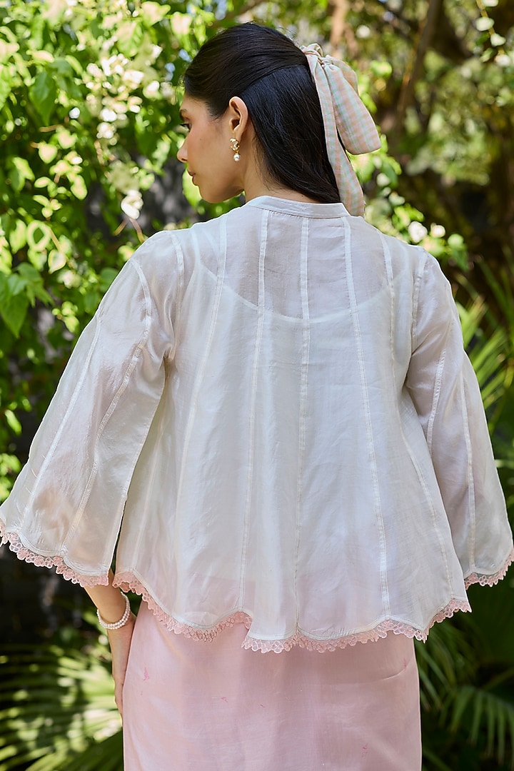 Ivory Handwoven Organza Mulberry Silk Embroidered Blouse by Surmaye at Pernia's Pop Up Shop