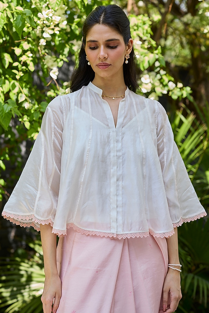 Ivory Handwoven Organza Mulberry Silk Embroidered Blouse by Surmaye at Pernia's Pop Up Shop