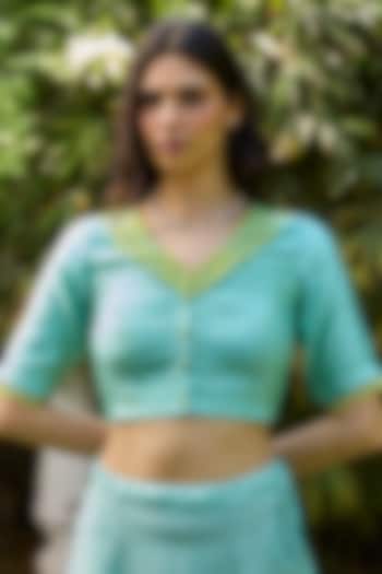 Blue Handwoven Organza Mulberry Silk Embroidered Blouse by Surmaye at Pernia's Pop Up Shop