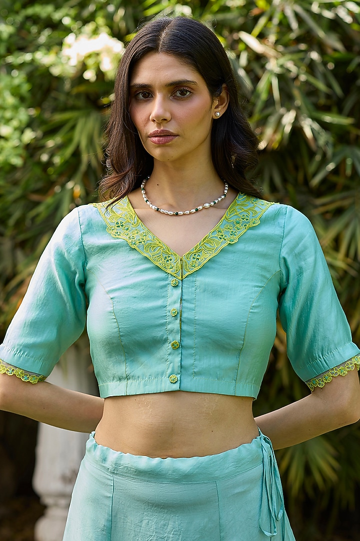 Blue Handwoven Organza Mulberry Silk Embroidered Blouse by Surmaye at Pernia's Pop Up Shop