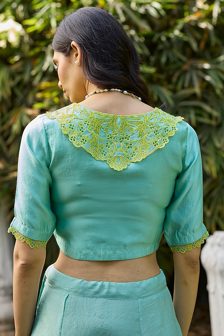 Blue Handwoven Organza Mulberry Silk Embroidered Blouse by Surmaye at Pernia's Pop Up Shop