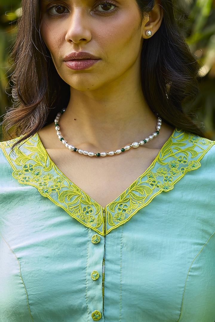 Blue Handwoven Organza Mulberry Silk Embroidered Blouse by Surmaye at Pernia's Pop Up Shop