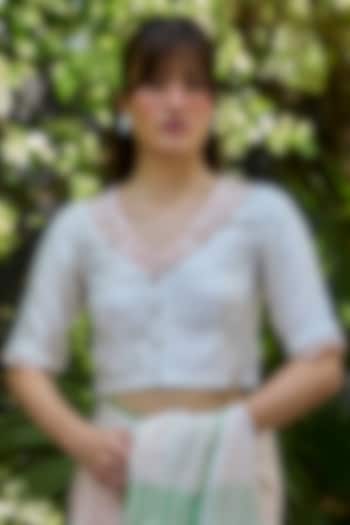 Ivory-Pink Handwoven Organza Mulberry Silk Embroidered Blouse by Surmaye at Pernia's Pop Up Shop