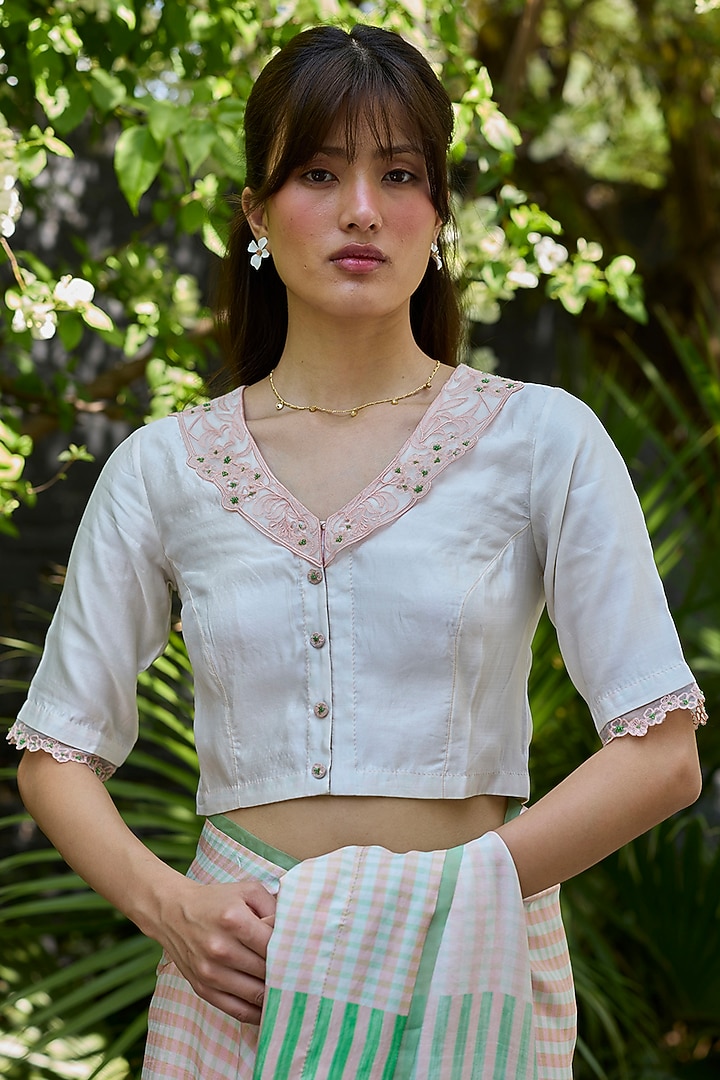 Ivory-Pink Handwoven Organza Mulberry Silk Embroidered Blouse by Surmaye at Pernia's Pop Up Shop