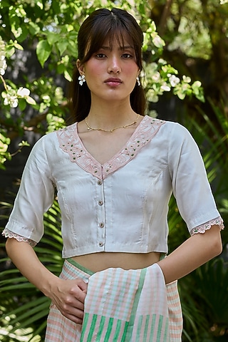 Ivory-Pink Handwoven Organza Mulberry Silk Embroidered Blouse by Surmaye