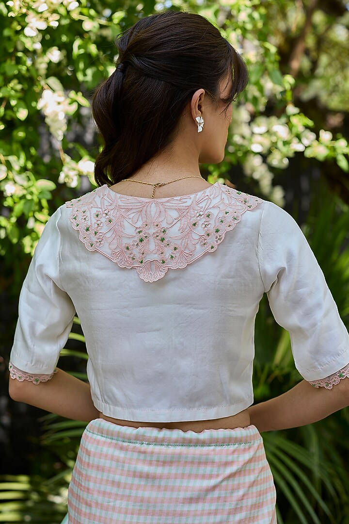 Ivory-Pink Handwoven Organza Mulberry Silk Embroidered Blouse by Surmaye at Pernia's Pop Up Shop