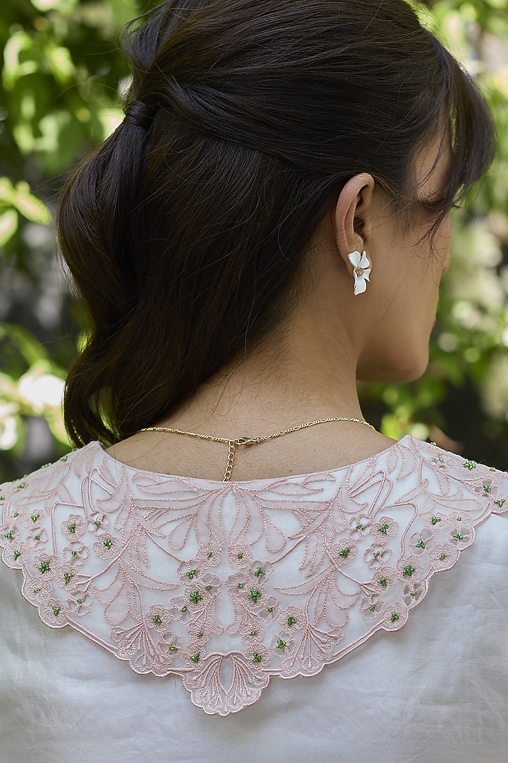 Ivory-Pink Handwoven Organza Mulberry Silk Embroidered Blouse by Surmaye at Pernia's Pop Up Shop