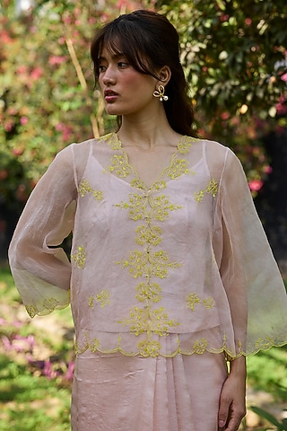 Salmon Pink Handwoven Silk Organza Hand Embroidered Blouse by Surmaye