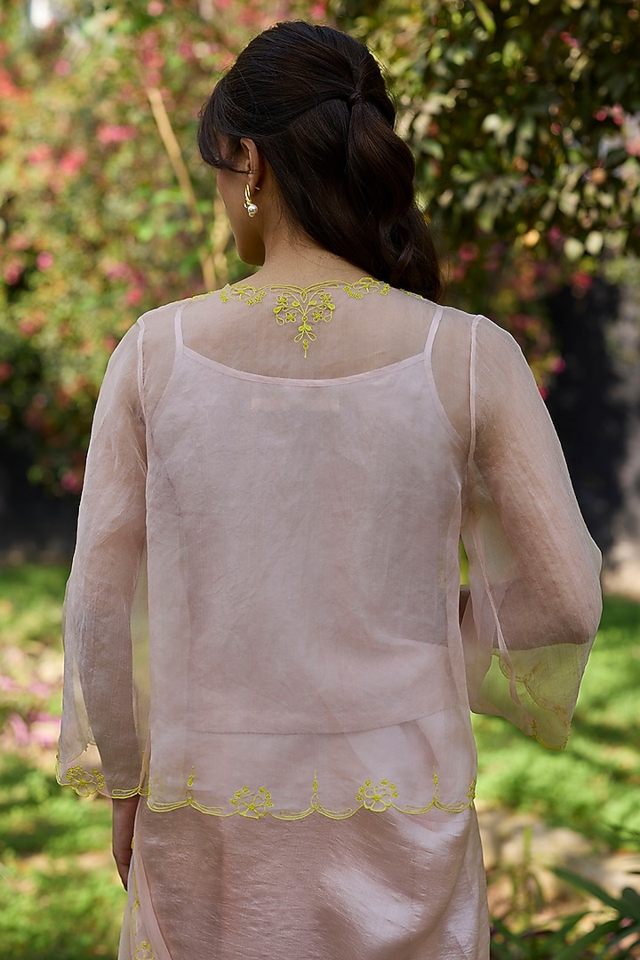 Salmon Pink Handwoven Silk Organza Hand Embroidered Blouse by Surmaye at Pernia's Pop Up Shop