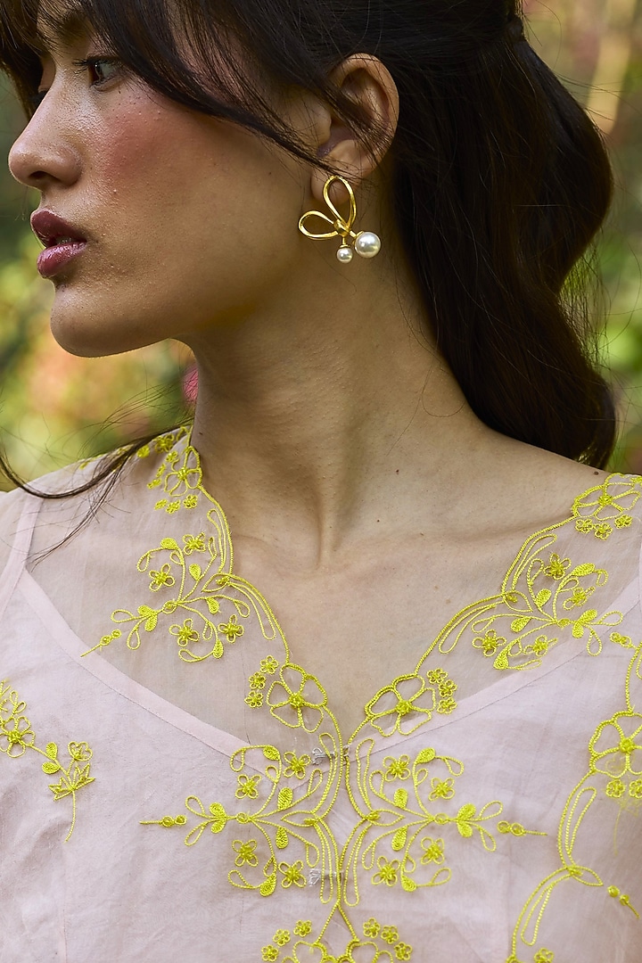 Salmon Pink Handwoven Silk Organza Hand Embroidered Blouse by Surmaye at Pernia's Pop Up Shop