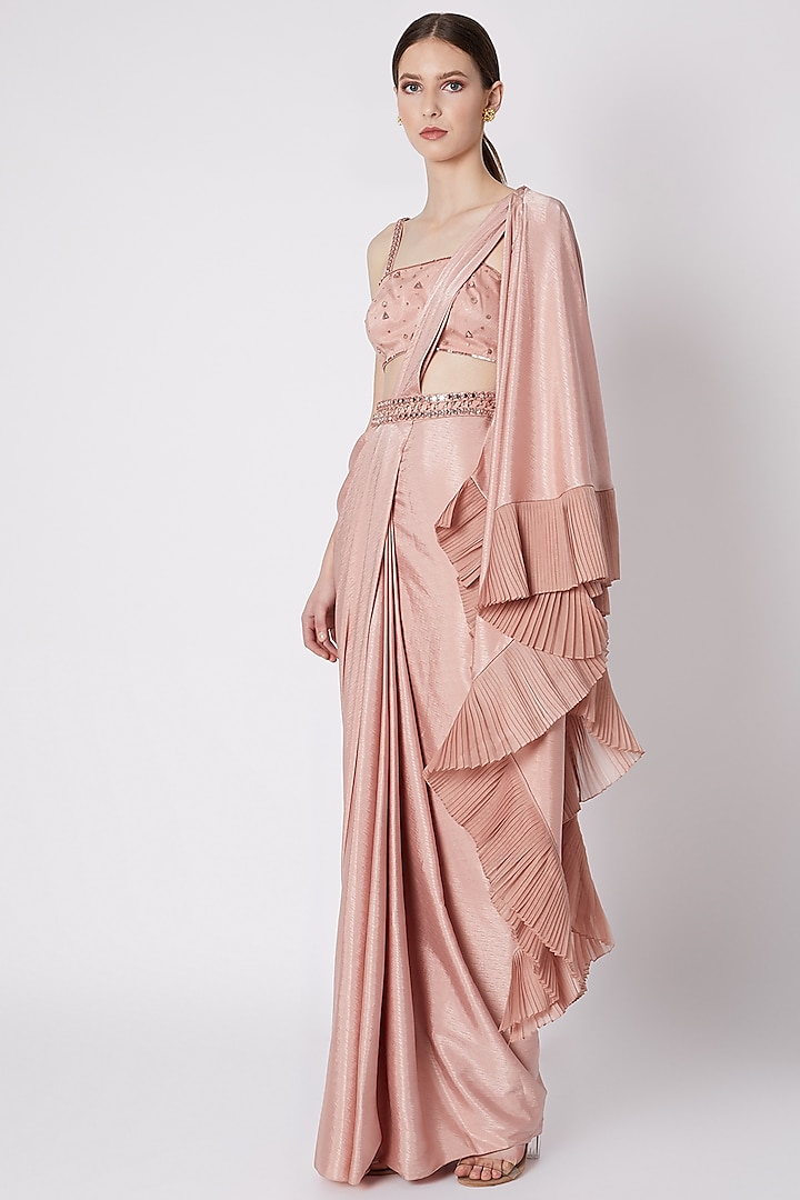 Nude Embroidered Pre-Stitched Wedding Saree Set by Supria Munjal at Pernia's Pop Up Shop