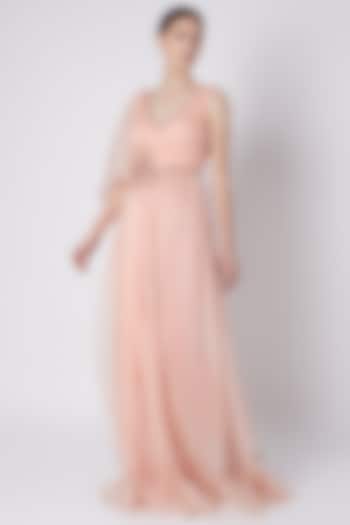 Salmon Peach Embroidered Draped Dress With Pants by Supria Munjal